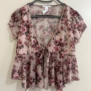 Y2k Fairy Babydoll Top Sz M Whimsical Boho Festival Western Ruffle Sheer Mesh.